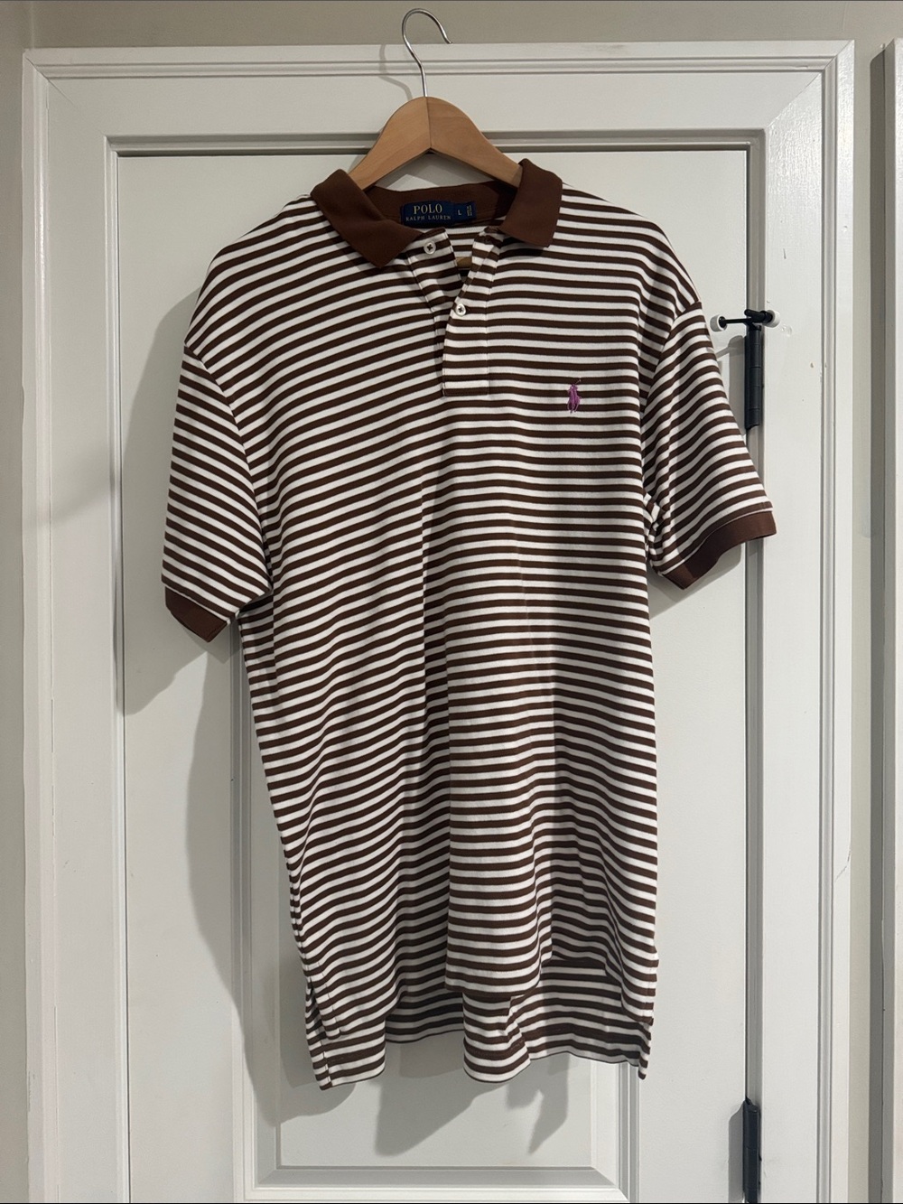 Polo by Ralph Lauren Brown & White Striped Polo Shirt with Contrast Collar